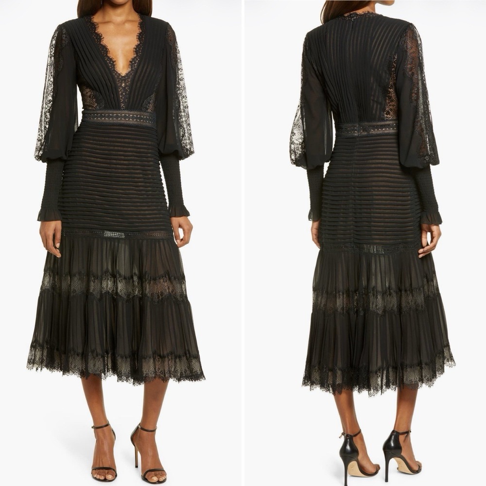 Tadashi Shoji Lace Pintuck Long Sleeve Cocktail Dress Womens Size 8 Black